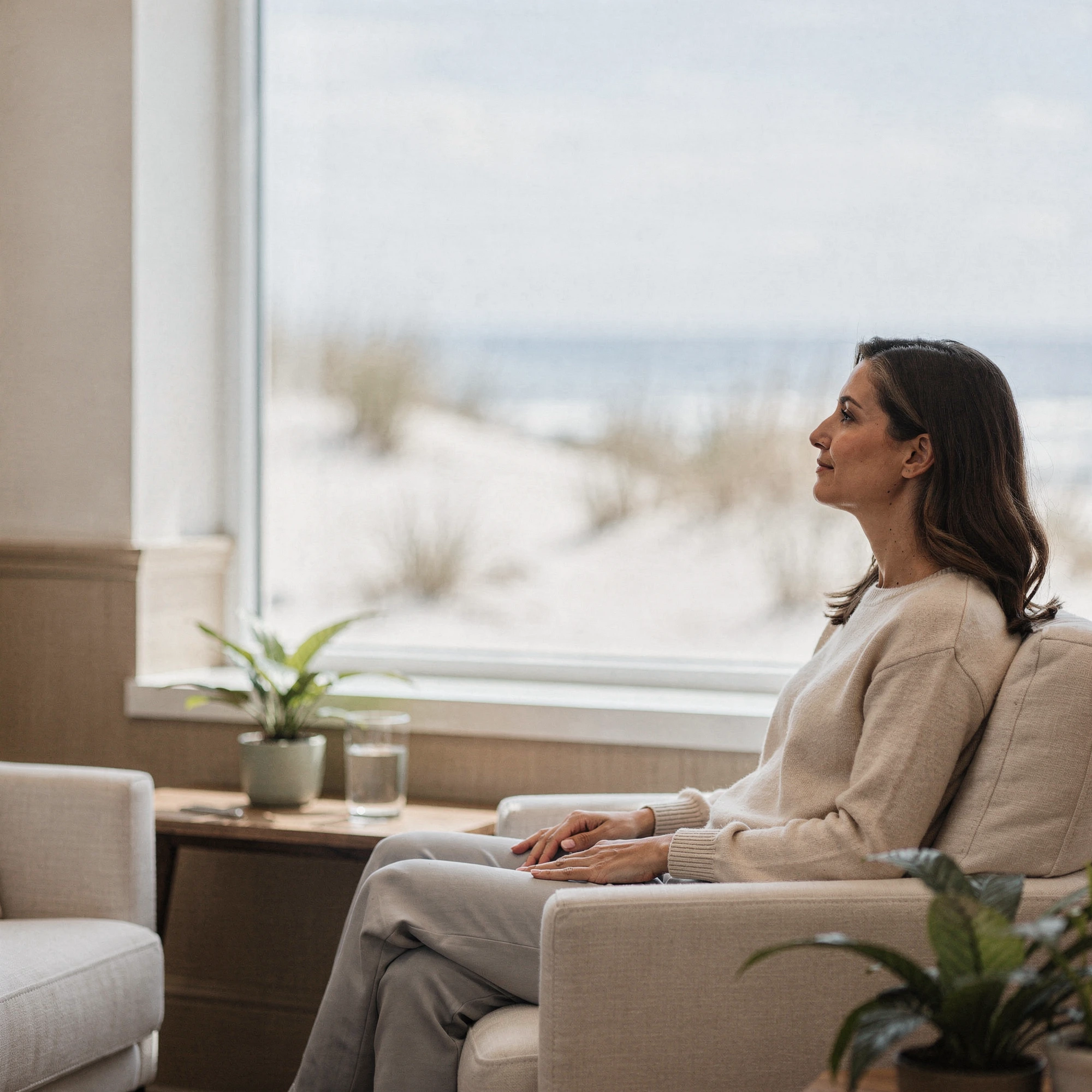 Woman sitting on a beige couch in a bright office overlooking a beach, with plants on a side table